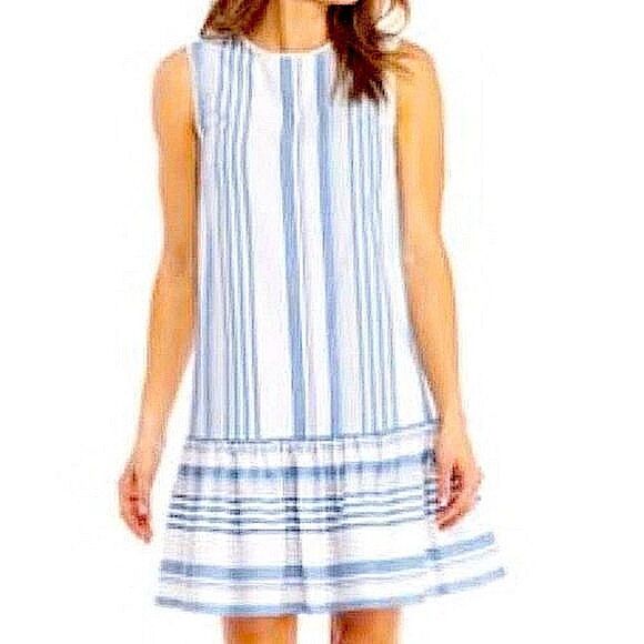 London Times Striped Sleeveless Drop Waist Ruffle Bottom Mini Knee Length Dress - Picture 2 of 11